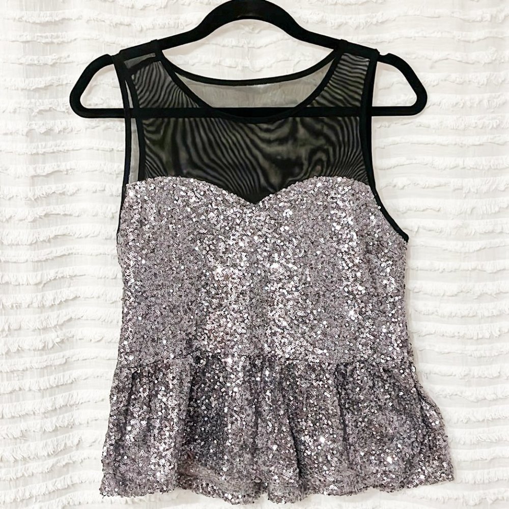 Gianni All that Glitters Silver / Dusty Purple Sequin and Mesh Peplum Blouse